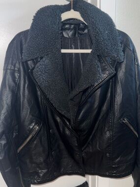 Free People Black Leather Jacket with removable Faux-Shearling Collar